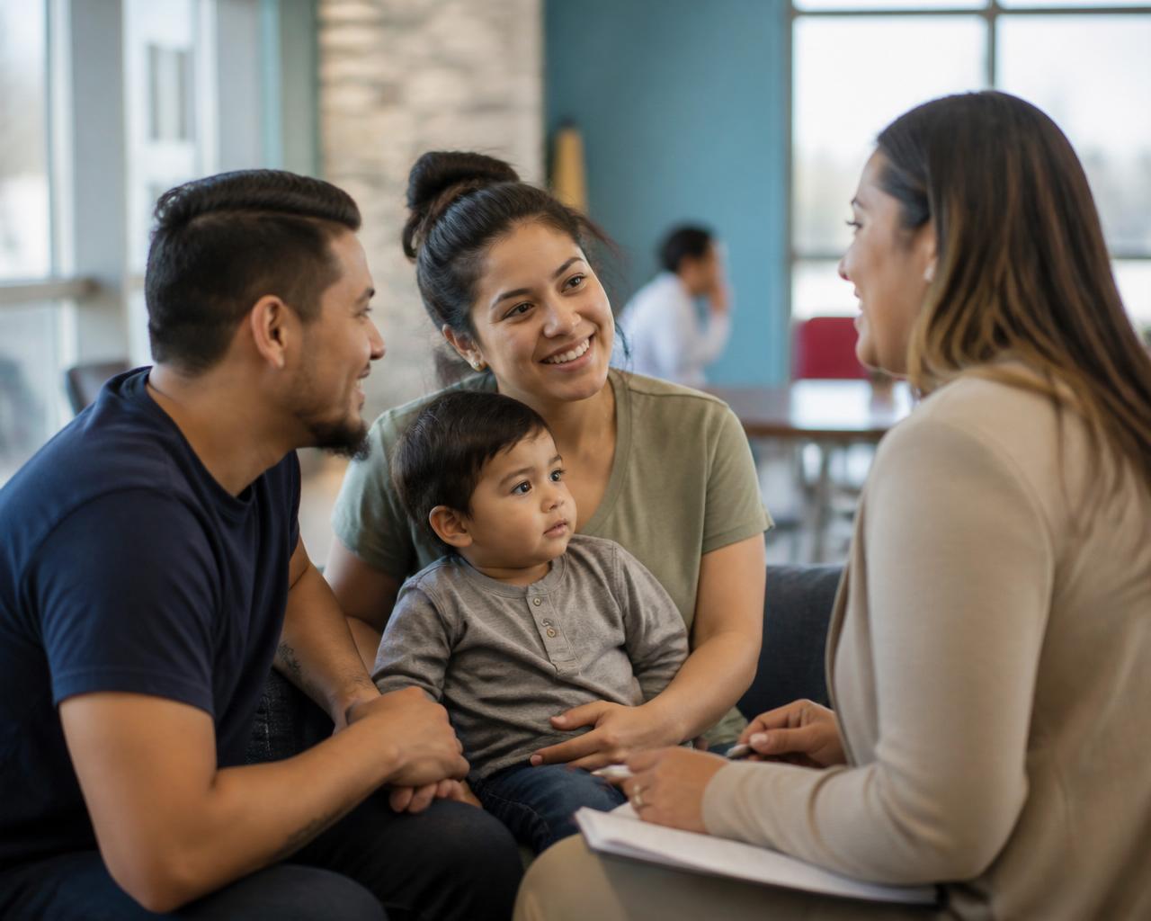 Case manager meeting with a family at a community center